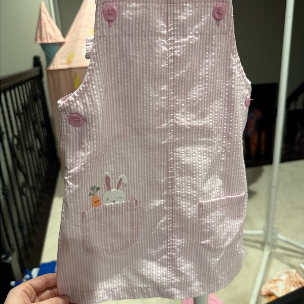 Pink Striped Dress with Bunny Embroidery